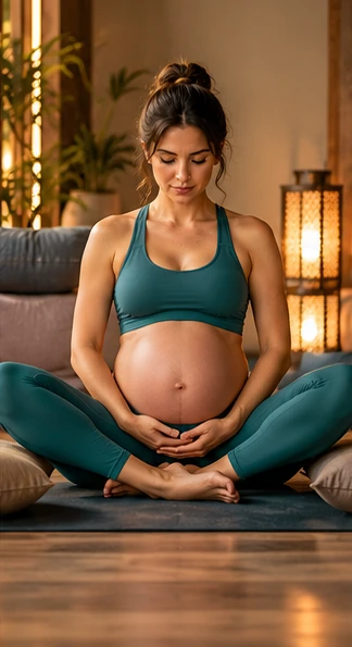Mujer embarazada en una postura sentada de mariposa adaptada al yoga prenatal
